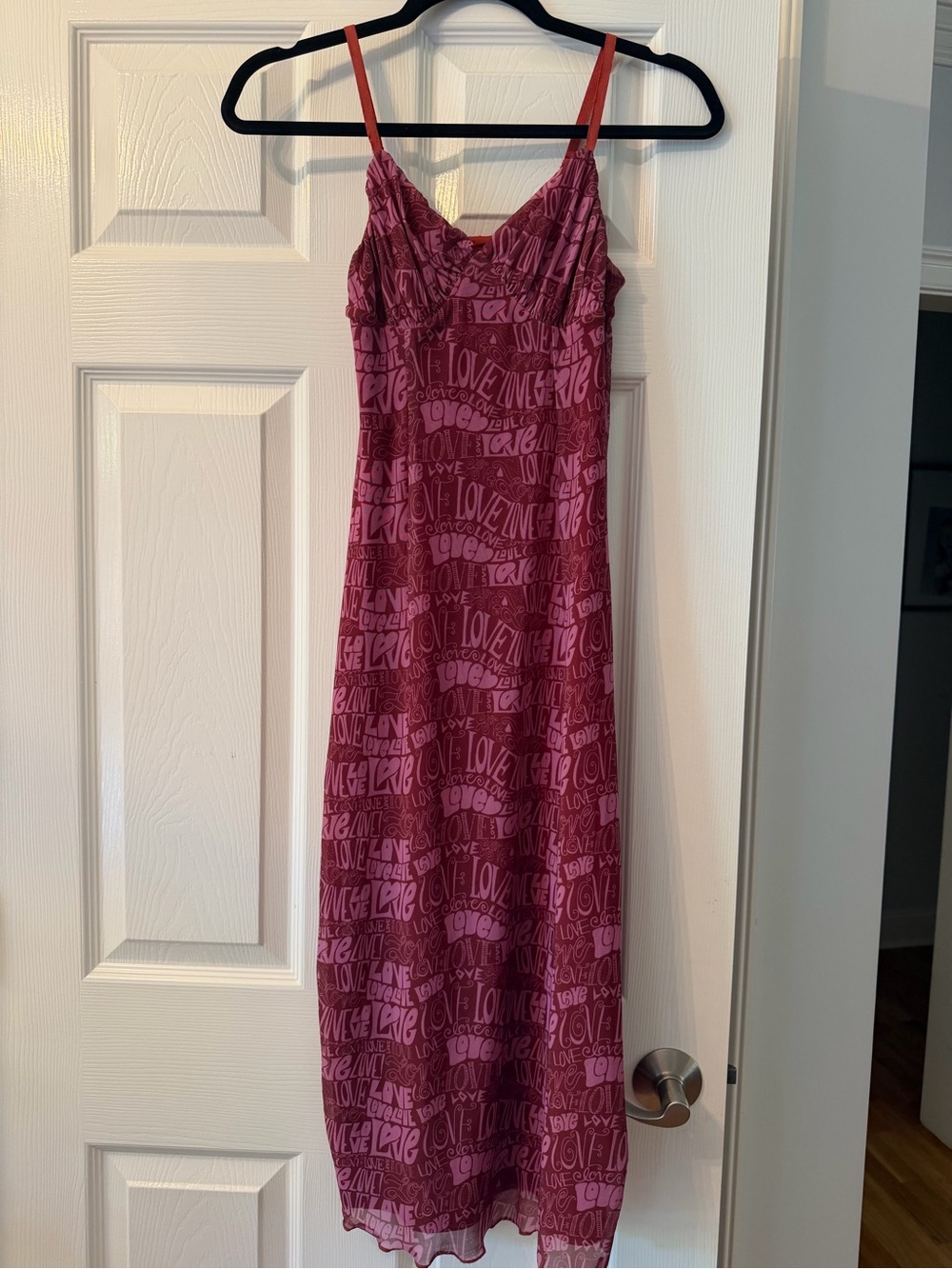 Urban Outfitters Rose-Pink 'LOVE' Print Maxi Slip Dress with Adjustable Straps
